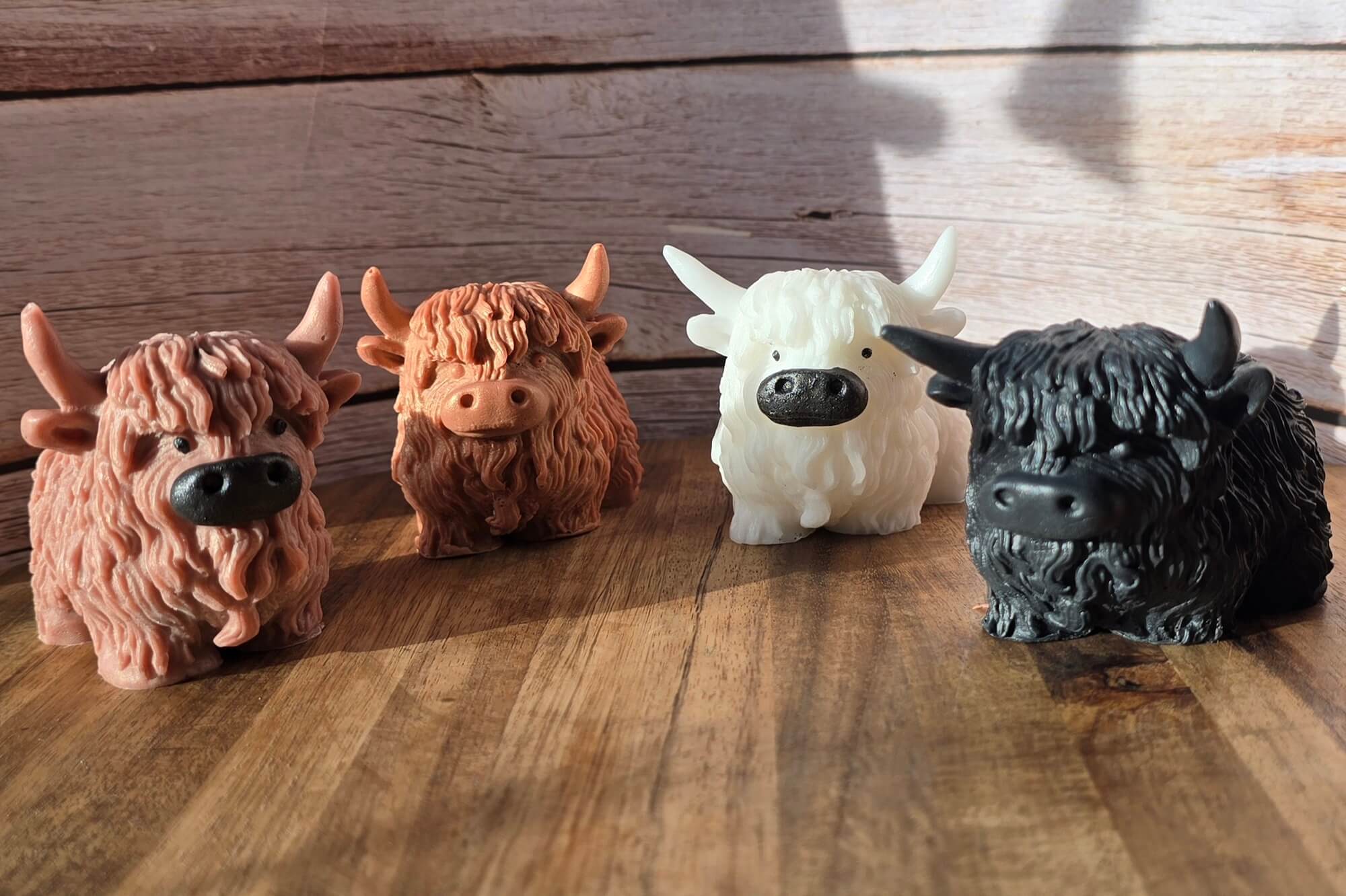 four highland cow soaps in a row on a table - colours, brown, ginger, white and black
